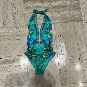 NWT CAMILLA PLUNGE NECK HALTER ONE PIECE “WHATS YOUR VICE”